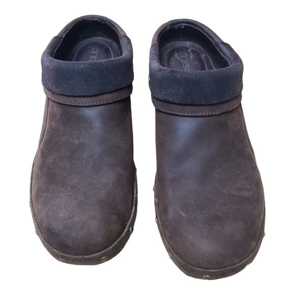 Merrell Chocolate Brown Leather Luxe Wrap Studded Clogs Mules Shoes Women's 7 - Picture 2 of 7
